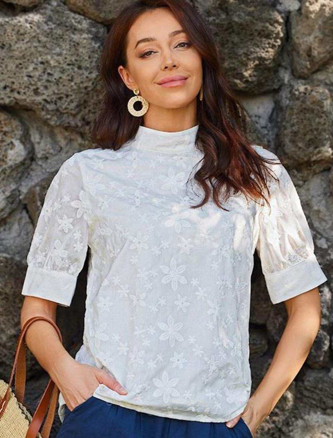 Women's Elegant Lace Tops Eyelet Blouse Turtleneck Dressy Tops Luxurious Floral Regular Tops Short Sleeve Embroidered Regular Fit Vacation Casual Romantic Petite Tops Summer Holiday Wear