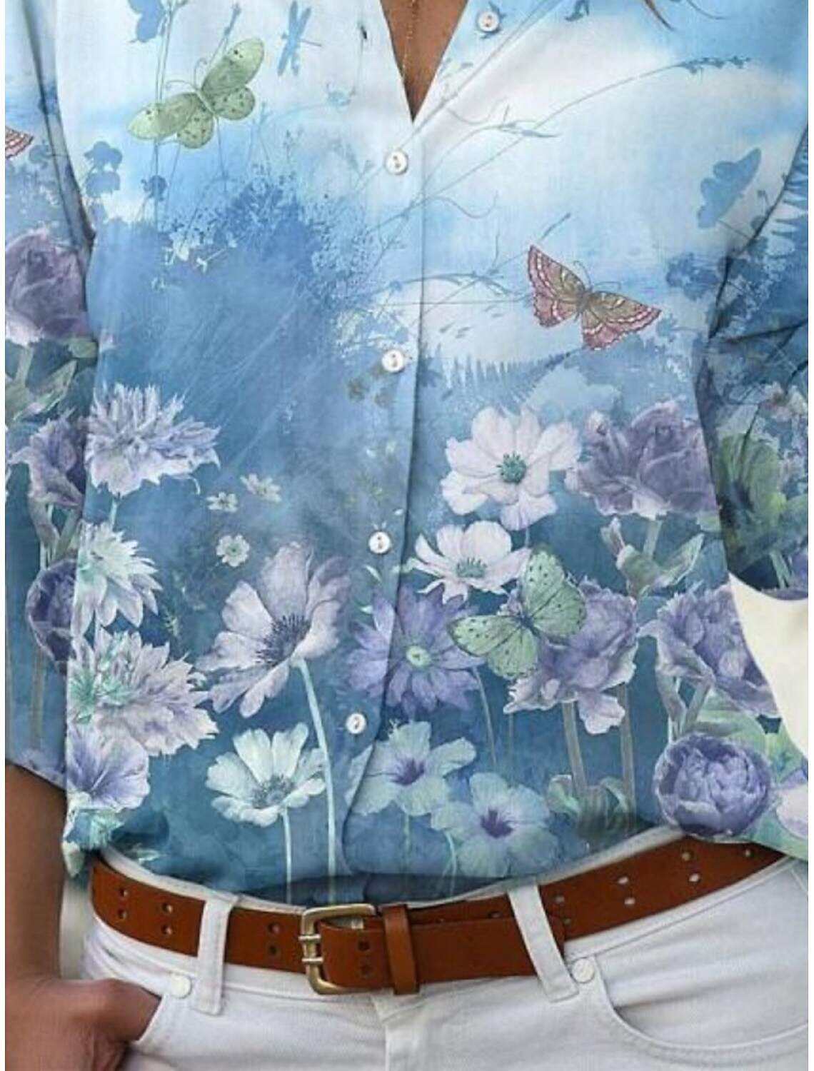 Women's Shirt Blouse Stylish Casual Floral Regular Tops Long Sleeve Shirt Collar Buttons Print Regular Fit Daily Summer Spring