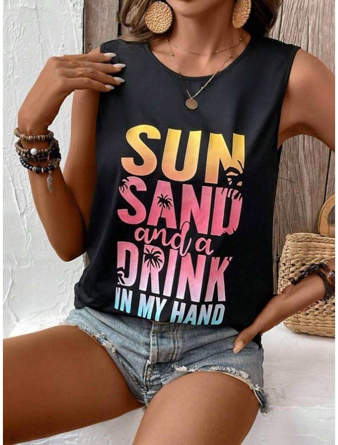 Women's Tank Top Vest Vacation Tropical Fashion Letter Print Sleeveless Regular Tops Crew Neck Casual Summer