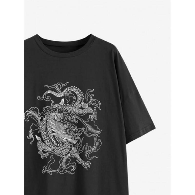 Drop Shoulder Oriental Dragon Print T Shirt SK2580