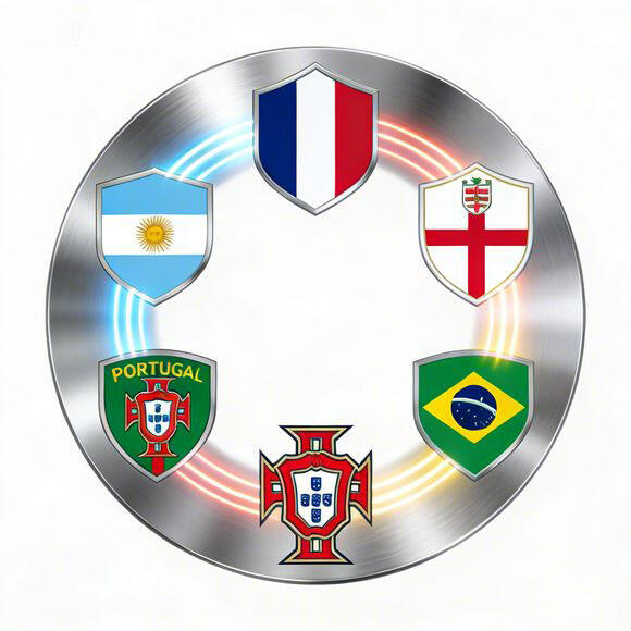 Argentina France England Portugal Brazil crests, semicircle arrangement, unique light trails, metallic sheen, clean emblem design