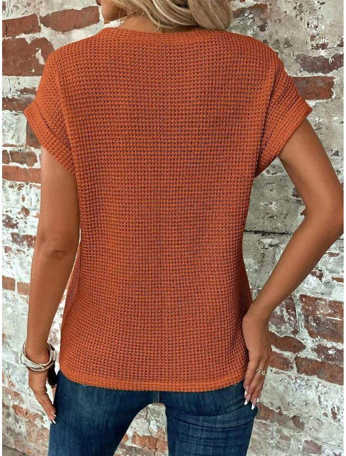 Women's Knitted Top V-neck Short Sleeve Elastic Soft Burnt Casual Loose Fit Versatile Spring Fall Clothing Apparel