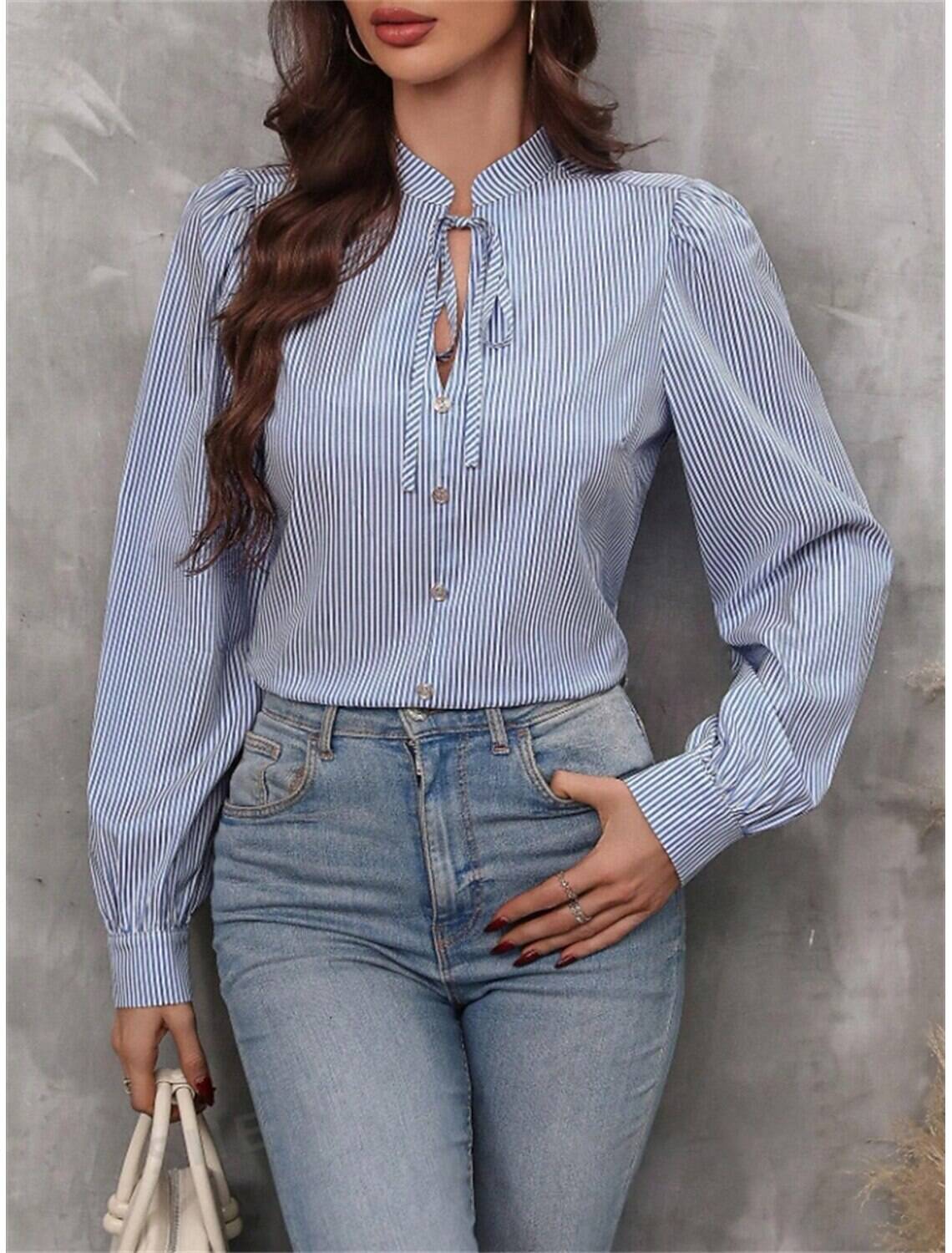 Women's Shirt Blouse Stylish Casual Striped Regular Tops Long Sleeve V Neck Patchwork Regular Fit Work Daily Going out Summer Spring Fall