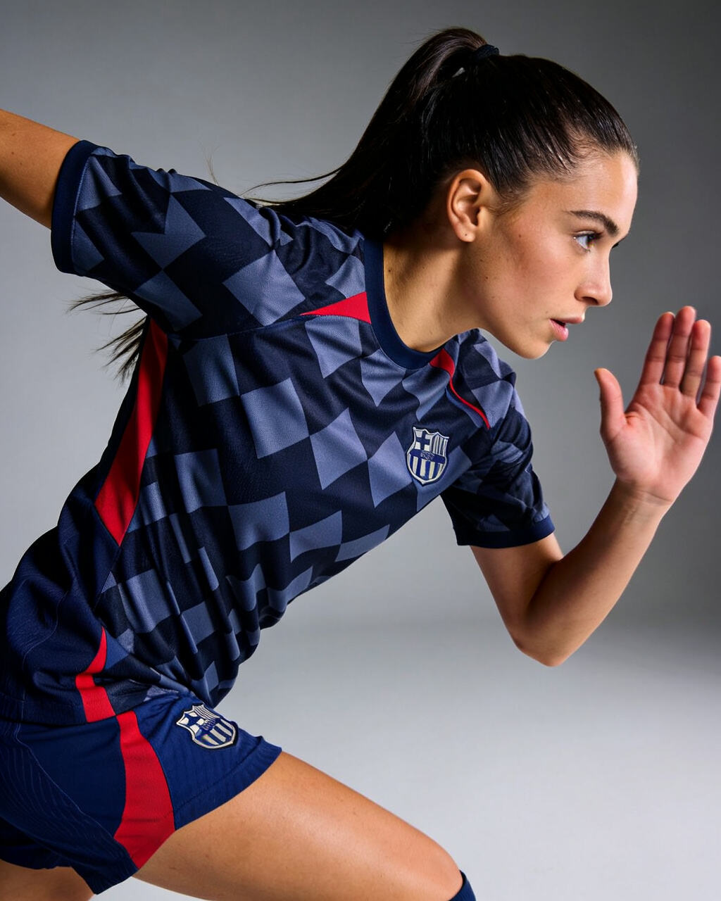Barcelona women's jersey, geometric pattern, diamond texture, sports technology, athletic fashion, dynamic pose, modern design, dark blue