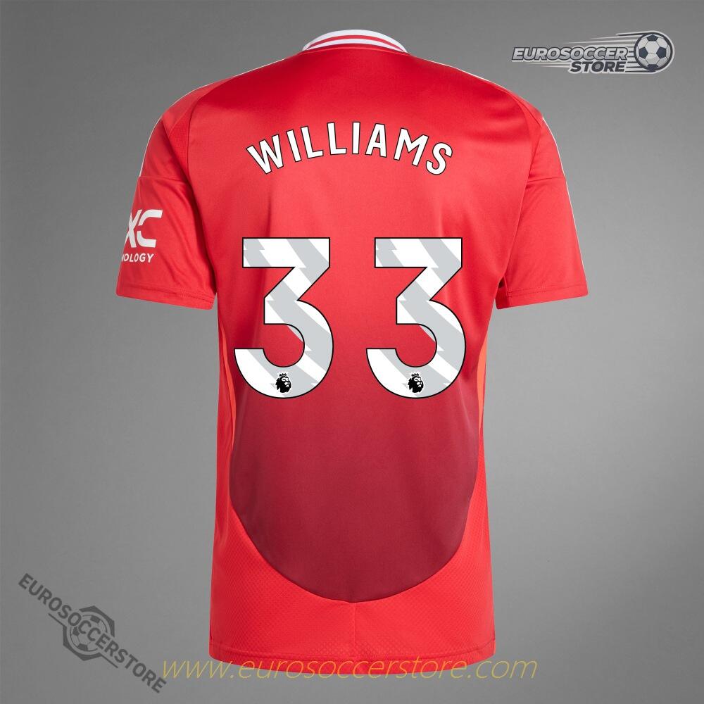 The 24-25 Home Jersey of Manchester United, numbered 33 and worn by WILLIAMS.