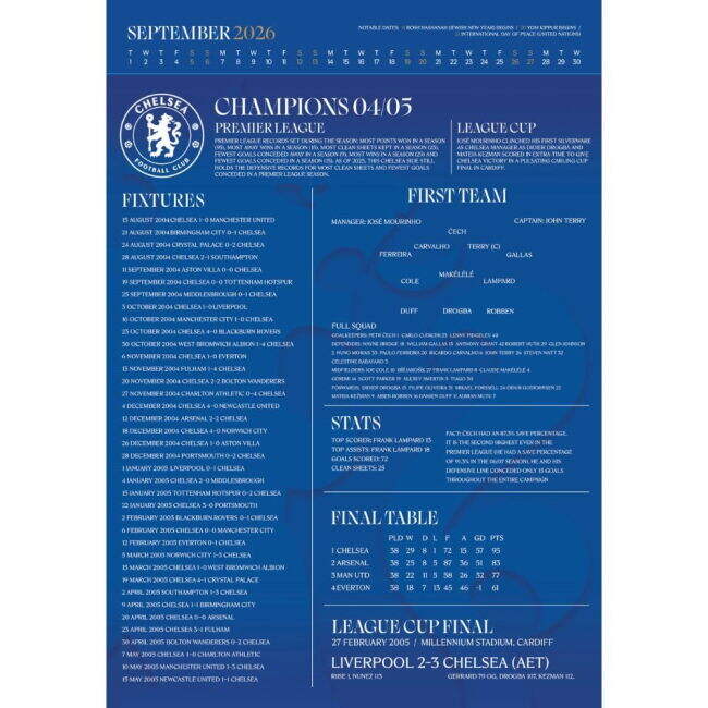 Calendar 2026 Authentic 2025-2026 Chelsea English Football Home Shirt