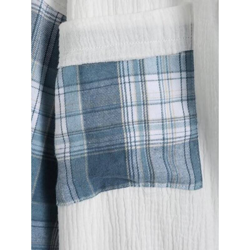 Plaid Panel Front Pockets Button Down Shirt BT6069