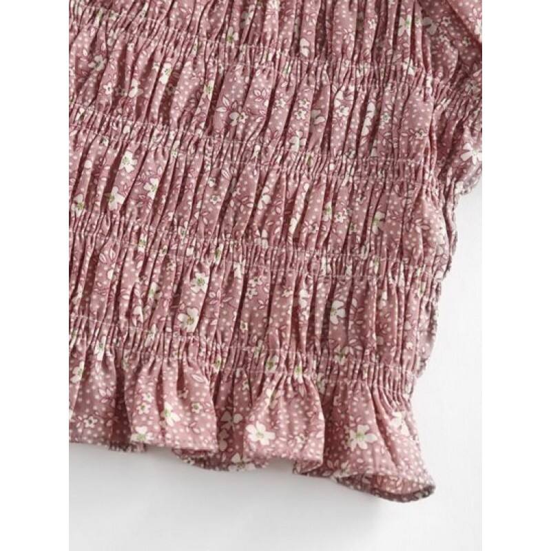 Flower Print Shirred Ruffle Puff Sleeve Blouse CH6665