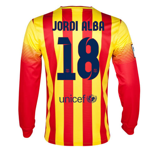 13-14 Barcelona 18 Jordi Alba Away Long Sleeve Soccer Jersey Shirt -