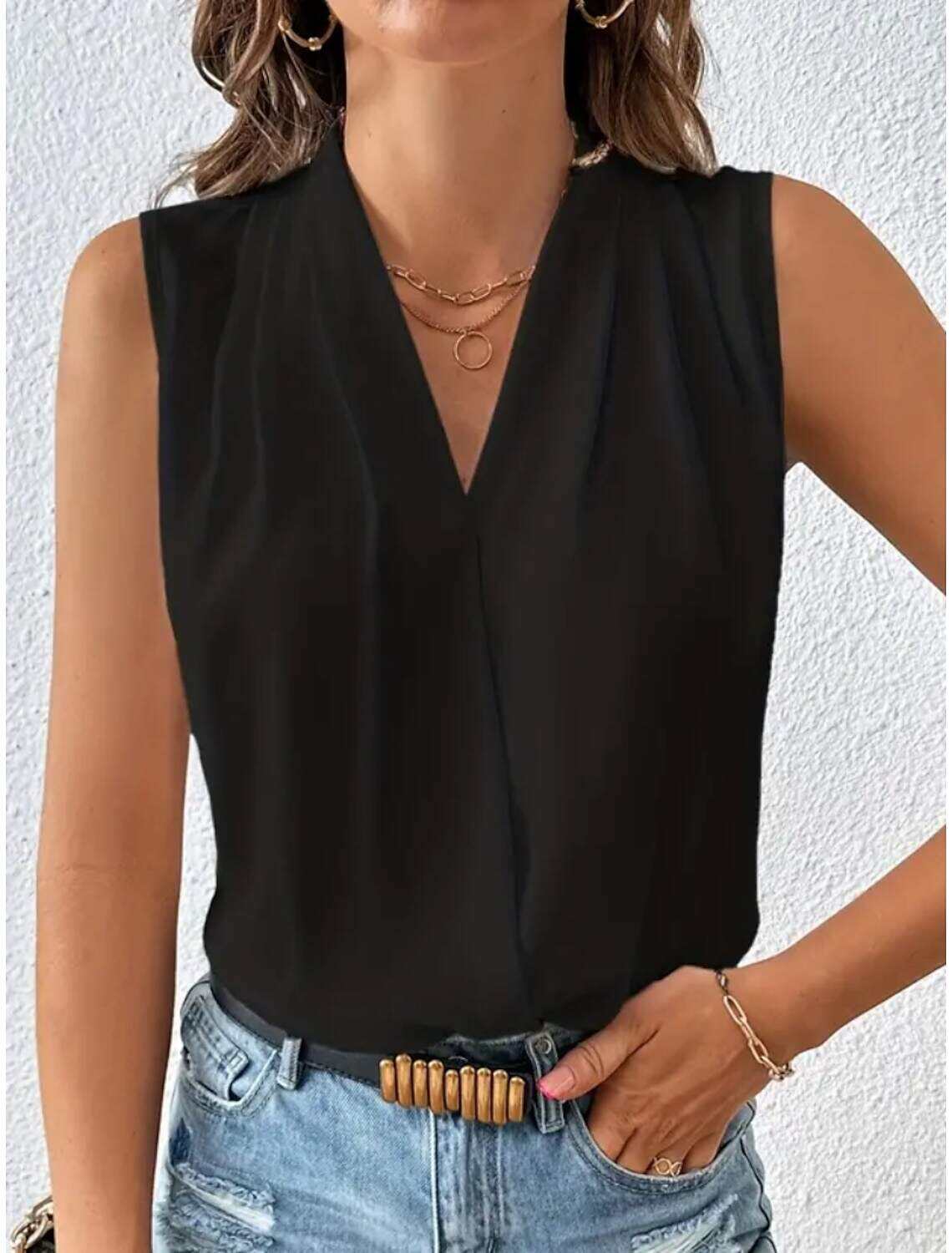 Women's Blouse Pleated Wrap Satin Solid / Plain Color Basic Casual V Neck Sleeveless Summer