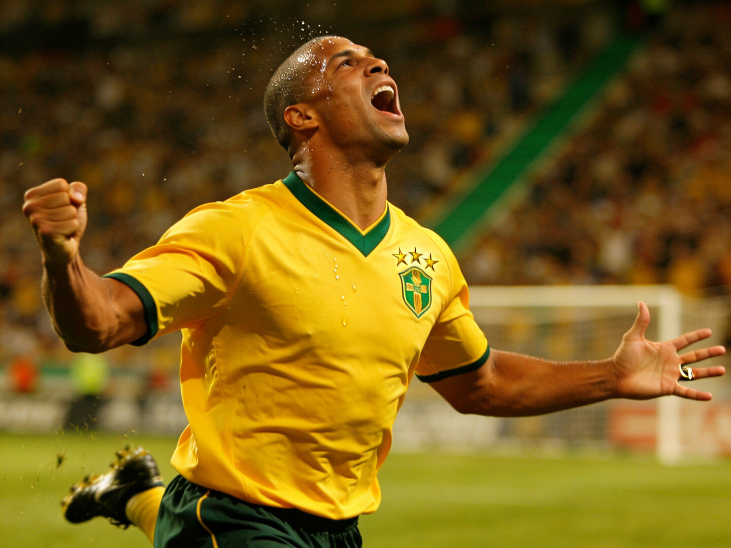 Ronaldo Fen&ocirc;meno celebrating a goal in the 2002 final, showcasing the jersey and the four stars.