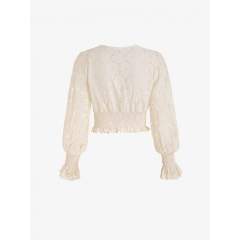 Lettuce Hem Floral Collar Beading Lace Blouse UL0604