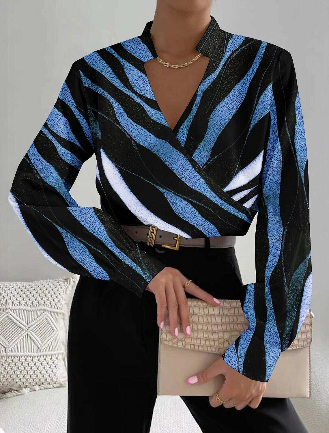 Women's Shirt Blouse Fashion Striped Print Long Sleeve Regular Tops V Neck Work Spring & Fall