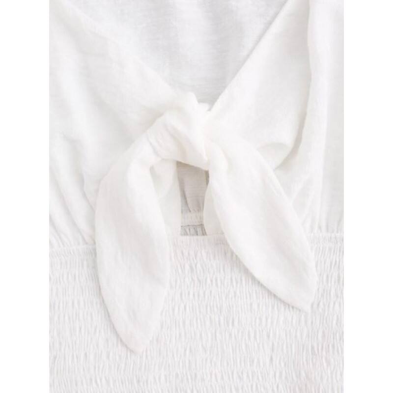 Knotted Puff Sleeve Plunge Shirred Blouse YE8032