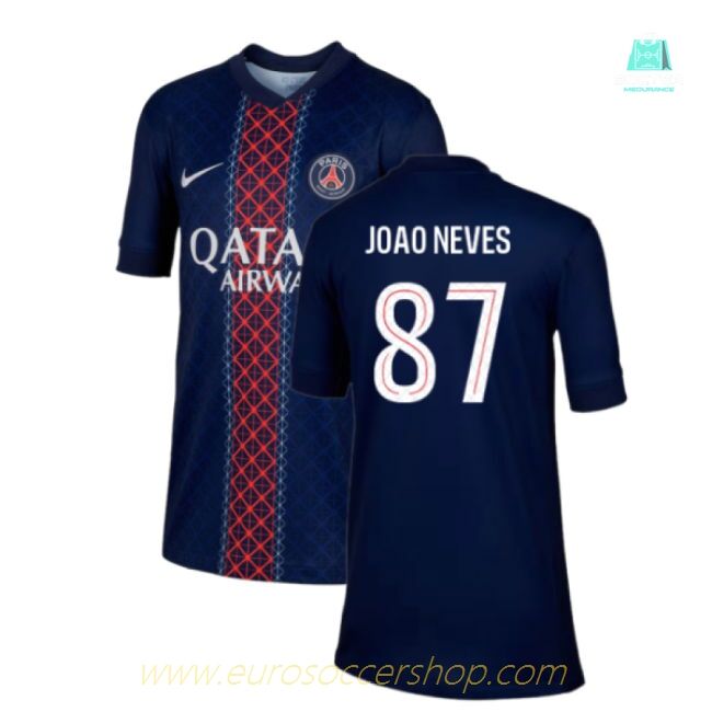 2025-2026 PSG Paris Saint Germain Home Shirt (Kids) (Joao Neves 87)