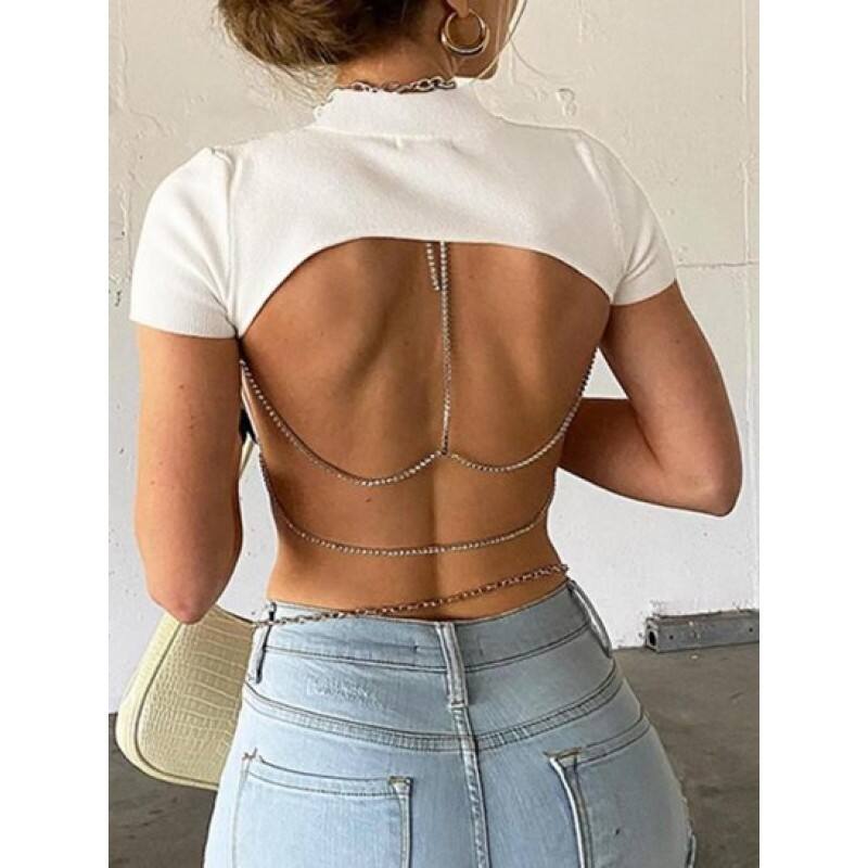 Rhinestones Chains Open Back Ribbed Tee SD1108