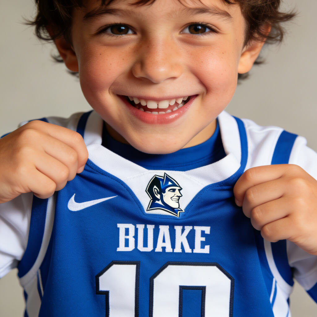 Young child smiling proudly while putting on a personalized NCAA basketball jersey with his own name and number.